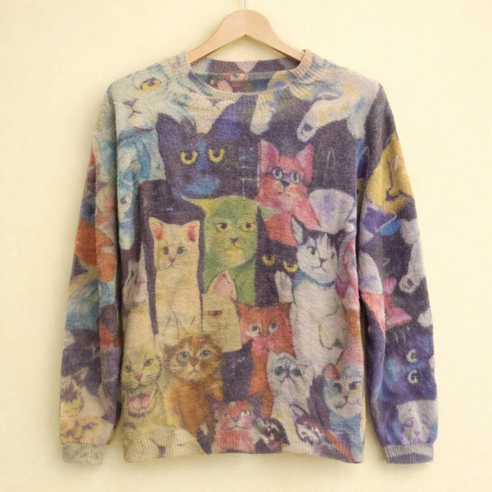 Vintage Yesno Women’s All Over Print Cat Motif Wool Sweater Large